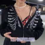 Rhinestone Skeleton Zip Up Hoodie Y2K