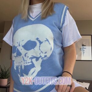 Y2K Skull Knit V Neck Vest - Blue